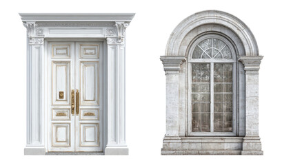 Obraz premium Elegant White Door and Classic Window Design Isolated on Transparent Background