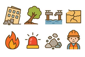 Disaster Icons Grid. Flat vector mini-illustrations disaster wreck in colors children's illustrations: collapsed building, fallen