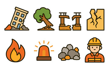 Disaster Icons Grid. Flat vector mini-illustrations disaster wreck in colors children's illustrations: collapsed building, fallen