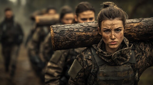 Determined soldier carries a log during training.