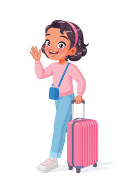 Cute happy Arab girl pulling a suitcase and waving hand as she goes off on a vacation. Cartoon vector illustration.