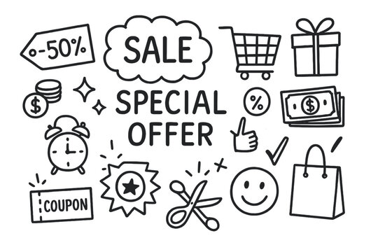 Doodle Sale Banner. Hand-drawn doodle illustration special promotion sale banner, discount tag, shopping cart, gift icon, money