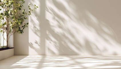 Bright, minimalist room with plant and sunbeams