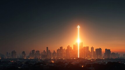 Fototapeta premium City Skyline at Night with Glowing Orange Line Graph Symbolizing Growth and Progress