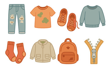 Kids' Worn Clothing Icons. Flat vector mini-illustrations kids’ clothing wear in colors children's illustrations: torn jeans,