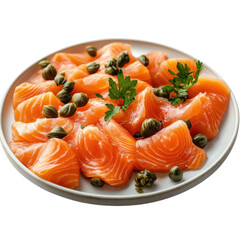 Fresh salmon sashimi slices garnished with capers and parsley on a white plate perfect for healthy eating and culinary presentations on transparent background