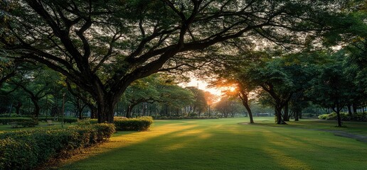 Sunrise in a park with lush green grass and towering trees