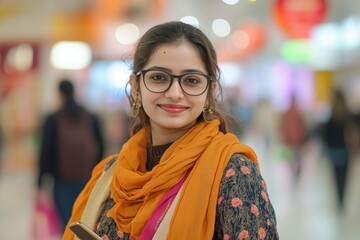 Content young Indian woman with shopping bags uses a smartphone and credit card at a mall, enjoying the convenience of mobile shopping, Generative AI