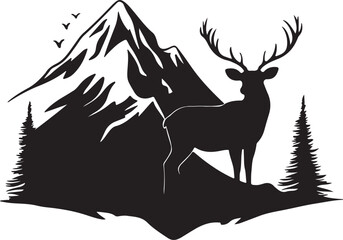 Mountain and Deer Silhouette on Transparent Background