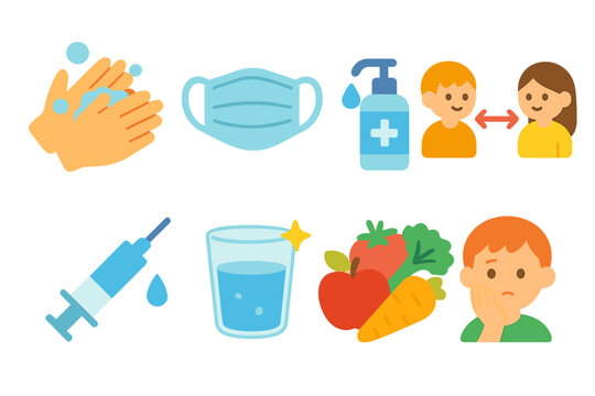 Epidemic Prevention Icons. Flat vector mini-illustrations epidemic prevention in colors children's illustrations: hand washing,