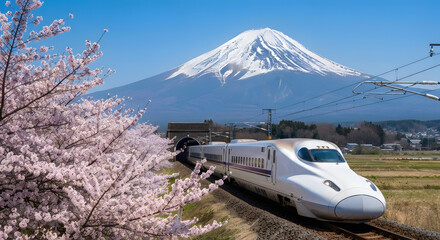 Springtime in Japan with a high-speed train traveling past beautiful cherry blossoms with the majestic snow-capped Mount Fuji in the background
