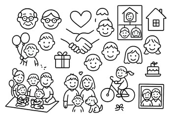 Obraz premium Family Doodle Celebration. Hand-drawn doodle illustration extended family connection handshake, heart symbol, family tree, house,