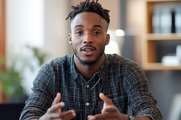 Young man seated at an office desk, participating in a remote virtual meeting, gesturing with his hands while speaking into the camera, Generative AI