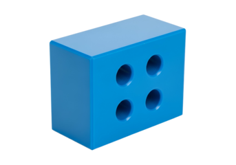 A vibrant, solid blue cube-shaped object features four circular apertures, presenting a simple, geometric design.