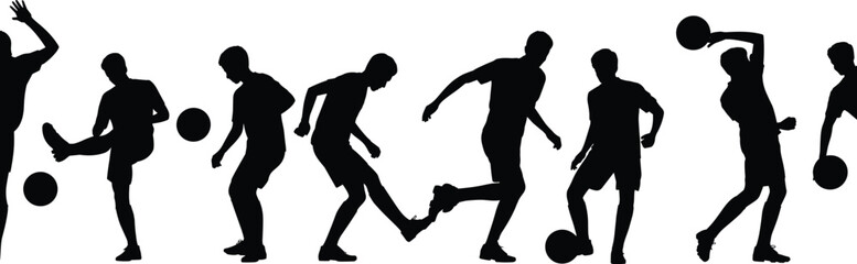 Silhouette of soccer players in different action poses playing football, kicking, dribbling, and celebrating with ball on white background.