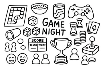 Game Night Icons. Hand-drawn doodle illustration game night board game, dice, playing cards, game pieces, timer, snacks bowl, soda