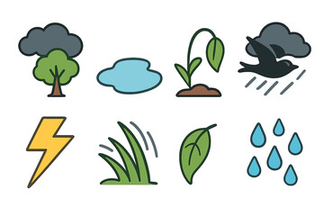 Nature's Stormy Icons. Flat vector mini-illustrations black cloud and nature in colors children's illustrations: dark cloud over