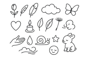 Obraz premium Gentle Doodle Icons. Hand-drawn doodle illustration delicate sensitivity flower bud, feather, soft cloud, butterfly, heart, candle