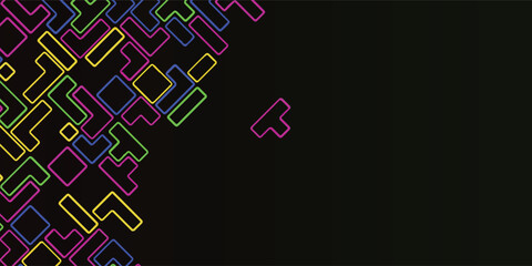 Abstract composition of colorful geometric shapes resembling puzzle pieces on a dark background.