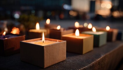 Several small candles in boxes, glowing softly, on a dark surface outdoors at night