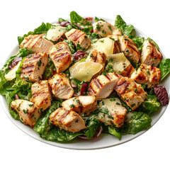 Delicious grilled chicken salad with fresh greens and parmesan cheese on a white plate perfect for a healthy lunch or dinner option at home or restaurant on transparent background