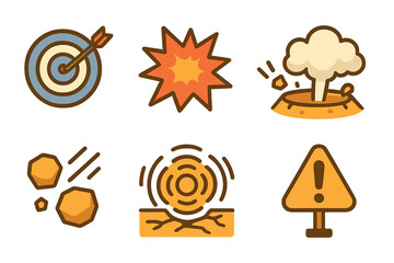 Playful Impact Icons. Flat vector mini-illustrations target and impact in colors children's illustrations: bullseye target,