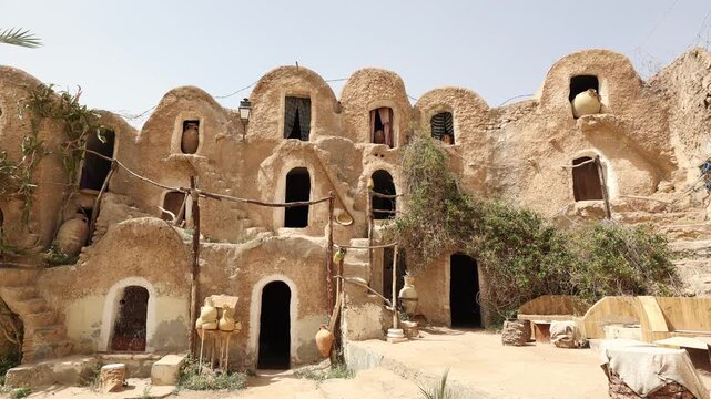View of old Berber fortified Ksar of Medenine granary with ruined storage areas in Tunisia 