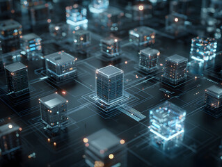 Complex tech network shows interconnected database srvers. Data storage, managment system for high-tech nvironment. Network integrtion, high performance dat access. Advanced databasesolution,