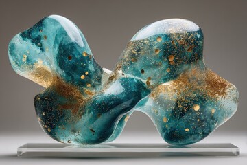 Abstract, flowing sculpture of teal and gold resin