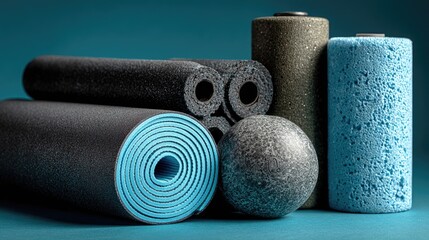 Assorted dark and light blue foam exercise mats and rollers