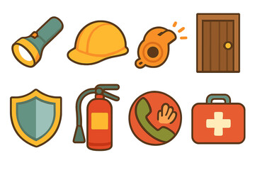 Safety Icons for Kids. Flat vector mini-illustrations terror and safety in colors children's illustrations: flashlight, safety