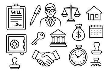 Fototapeta premium Legal Inheritance Icons. Hand-drawn doodle illustration inheritance legal will document, pen, lawyer, scales, house, money bag,