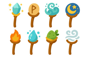 Magical Staff Collection. Flat vector mini-illustrations mystical staffs in colors children's illustrations: staff with glowing