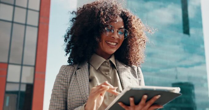 Tablet, walking and happy businesswoman in city to scroll email or property development. Technology, urban planner and outdoor for online communication, infrastructure or research with African person