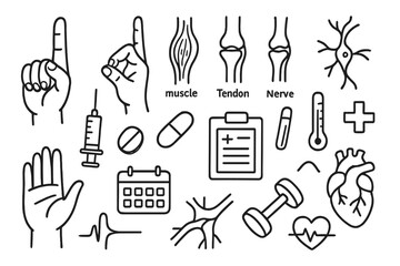 Obraz premium Medical Hand Doodle. Hand-drawn doodle illustration fingers finger movement fingers, muscle, tendon, joint, nerve, syringe, pill,