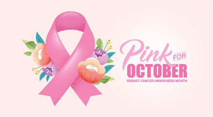 Breast cancer awareness month poster design with pink ribbon and flowers

