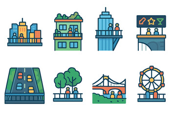 Urban Deck Miniatures. Flat vector mini-illustrations urban observation decks in colors children's illustrations: city buildings,