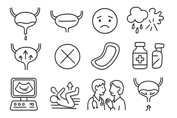 Urinary Incontinence Icons. Hand-drawn doodle illustration urinary incontinence leaking urine icon, open sphincter symbol, weak