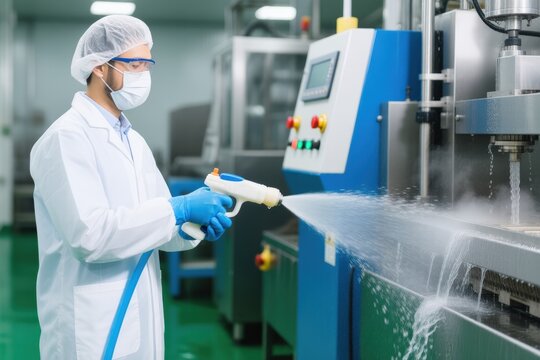 A worker in protective gear sanitizing equipment in a cleanroom environment.
