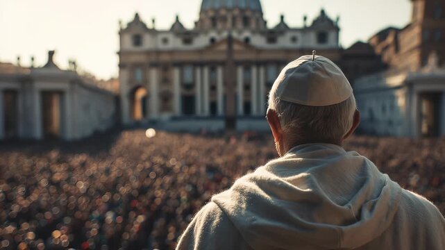Clergy man delivers blessing in religious sermon. Pope and preacher lead ceremony. Speaker addresses people as priest and pope share message. Sermon repeats core blessing and faith.