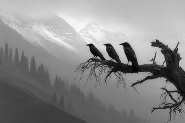 Three crows perched on a dead branch against a misty mountain backdrop