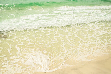 Summer background sea blue with sand beach at coast island scene mockup water nature travel vacation holidays tropical, mockup ocean ecosystem energy change environment, backdrop product cosmetic.