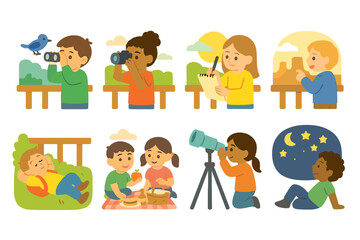 Observation Deck Icons. Flat vector mini-illustrations observation deck activities in colors children's illustrations: