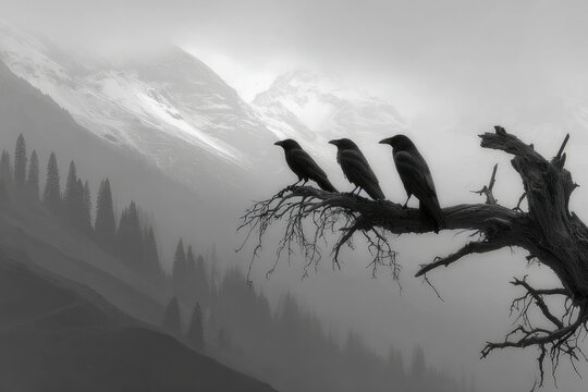 Three crows perched on a dead branch against a misty mountain backdrop
