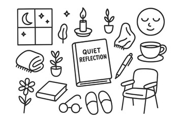 Peaceful Reflection Icons. Hand-drawn doodle illustration quiet reflection journal, pen, candle, cup of tea, soft blanket, window,