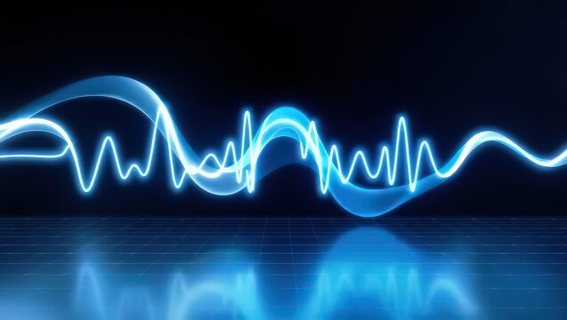 A glowing blue waveform is displayed above a reflective surface against a dark black background scene - Powered by Adobe
