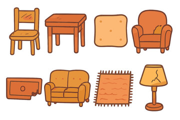 Worn Furniture Icons. Flat vector mini-illustrations worn furniture in colors children's illustrations: scratched chair, chipped