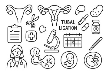 Obraz premium Reproductive Health Icons. Hand-drawn doodle illustration fallopian tubes tubal ligation fallopian tubes, scissors, uterus,