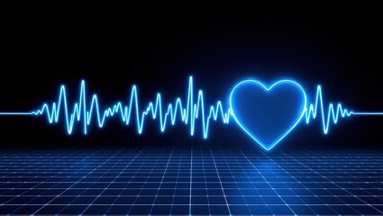 Blue neon heartbeat line with heart shape on grid background in dark abstract illustration