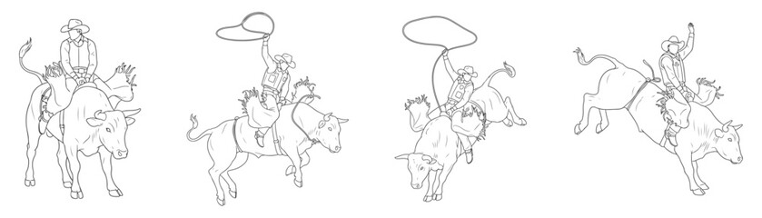Set of bull riding cowboy vector illustrations in action poses, dynamic rodeo sports line art drawings of western bullriders, professional rodeo competition extreme sport graphics for design and decor